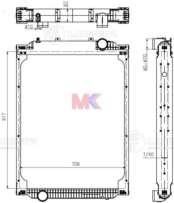 Радиатор основной 630333 (медный 4-х рядный c дв.WP10,12,13) патрубки D=70мм RADBERG